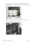 Page 14011.Remove three screws (callout 1), and then remove the high-voltage power supply (callout 2).
NOTE: Disconnect two connectors and one FFC (callout 3) on the HPVS as you separate the it
from the product.
Figure 2-125   Remove the high-voltage power supply (10 of 11)
2
1
3
12.After the high-voltage power supply is removed, make sure that the spring on the chassis is in
place.
CAUTION: This spring is not captive and can easily be lost.
Figure 2-126  Remove the high-voltage power supply (11 of 11)
126...