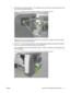 Page 913.Disconnect one connector (callout 1; J14), release the wire harness from the guide (callout 2), and
then remove two screws (callout 3).
Figure 2-47  Remove the front-right and right-side cover assembly (2 of 6)
12
3
4.Slightly push the cover assembly toward the front of the product to release it, and then carefully
rotate the cover away from the product.
CAUTION: Do not damage the covers or the cartridge-door assembly (if you did not remove it)
when you rotate the cover assembly away from the product....