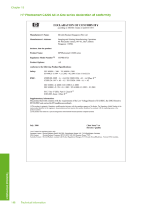 Page 151
HP Photosmart C4200 All-in-One series declaration of conformity
Chapter 15
148 Technical information
Technical information 