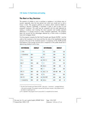 Page 130130  Section 12: Real Estate and Lending 
 
File name: hp 12c_users guide_English_HDPMBF12E44  Page: 130 of 209   
Printered Date: 2005/7/29    Dimension: 14.8 cm x 21 cm 
 
The Rent or Buy Decision 
The question of whether to rent or purchase a residence is not always easy to 
answer, especially when the time period over which you would own or rent a 
house is short. This program performs an analysis which could be helpful in 
reaching a decision. Essentially, it calculates a yield or rate of return on...