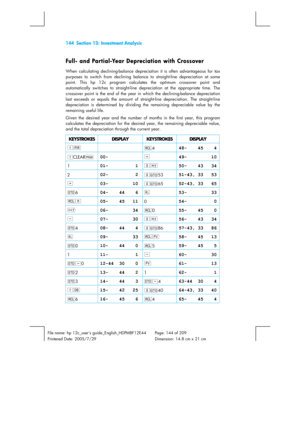 Page 144144  Section 13: Investment Analysis 
 
File name: hp 12c_users guide_English_HDPMBF12E44  Page: 144 of 209   
Printered Date: 2005/7/29    Dimension: 14.8 cm x 21 cm 
 
Full- and Partial-Year Depreciation with Crossover   
When calculating declining-balance depreciation it is often advantageous for tax 
purposes to switch from declining balance to straight-line depreciation at some 
point. This hp 12c program calculates the optimum crossover point and 
automatically switches to straight-line...