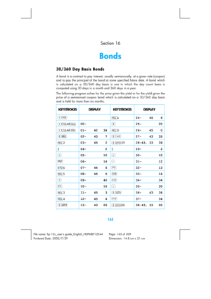 Page 163 
163 
File name: hp 12c_users guide_English_HDPMBF12E44  Page: 163 of 209   
Printered Date: 2005/7/29    Dimension: 14.8 cm x 21 cm 
  Section 16 
Bonds 
30/360 Day Basis Bonds 
A bond is a contract to pay interest, usually semiannually, at a given rate (coupon) 
and to pay the principal of the bond at some specified future date. A bond which 
is calculated on a 30/360 day basis is one in which the day count basis is 
computed using 30 days in a month and 360 days in a year. 
The following program...