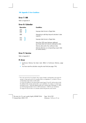 Page 184184  Appendix C: Error Conditions 
 
File name: hp 12c_users guide_English_HDPMBF12E44  Page: 184 of 209   
Printered Date: 2005/7/29    Dimension: 14.8 cm x 21 cm 
 
Error 7: IRR 
Refer to Appendix B. 
Error 8: Calendar 
Operation Condition 
Ò 
D
 
 Improper date format or illegal date. 
D
 
Attempting to add days beyond calculator’s date 
capacity. 
E 
S
 
 Improper date format or illegal date. 
 
More than 500 years between settlement 
(purchase) date and maturity (redemption) date. 
 
Maturity date...