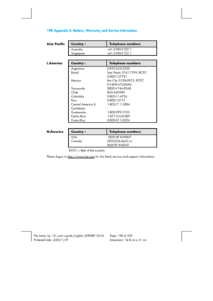 Page 198198  Appendix E: Battery, Warranty, and Service Information 
 
 
File name: hp 12c_users guide_English_HDPMBF12E44  Page: 198 of 209   
Printered Date: 2005/7/29    Dimension: 14.8 cm x 21 cm 
 
Asia Pacific Country : Telephone numbers 
 Australia +61-3-9841-5211 
 Singapore +61-3-9841-5211 
    
L.America Country : Telephone numbers 
 Argentina 0-810-555-5520 
 Brazil  Sao Paulo 3747-7799; ROTC 
0-800-157751 
 Mexico  Mx City 5258-9922; ROTC 
01-800-472-6684 
 Venezuela 0800-4746-8368 
 Chile...