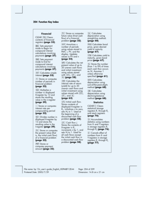 Page 204204  Function Key Index 
 
File name: hp 12c_users guide_English_HDPMBF12E44  Page: 204 of 209   
Printered Date: 2005/7/29    Dimension: 14.8 cm x 21 cm 
 
Financial 
CLEAR G Clears 
contents of financial 
registers (page 33). 
× Sets payment 
mode to Begin for 
compound interest 
calculations involving 
payments (page 37). 
Â Sets payment 
mode to End for 
compound interest 
calculations involving 
payments (page 37). 
Ï Calculates simple 
interest (page 33). 
w Stores or computes 
number of periods in...