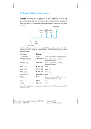 Page 6060  Section 4: Additional Financial Functions 
 
File name: hp 12c_users guide_English_HDPMBF12E44  Page: 60 of 209   
Printered Date: 2005/7/29    Dimension: 14.8 cm x 21 cm 
 
Example:
 An investor has an opportunity to buy a duplex for $80,000 and 
would like a return of at least 13%. He expects to keep the duplex 5 years and 
then sell it for $130,000; and he anticipates the cash flows shown in the diagram 
below. Calculate NPV to determine whether the investment would result in a return 
or a loss....