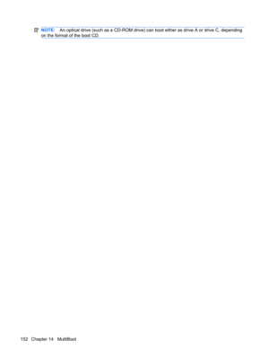 Page 162NOTE:An optical drive (such as a CD-ROM drive) can boot either as drive A or drive C, depending
on the format of the boot CD.
152 Chapter 14   MultiBoot 