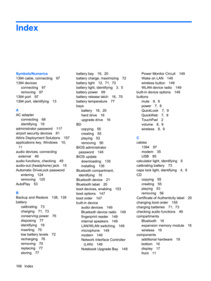 Page 176Index
Symbols/Numerics
1394 cable, connecting 97
1394 devices
connecting 97
removing 97
1394 port 97
1394 port, identifying 13
A
AC adapter
connecting 68
identifying 19
administrator password 117
airport security devices 81
Altiris Deployment Solutions 157
applications key, Windows 10,
11
audio devices, connecting
external 49
audio functions, checking 49
audio-out (headphone) jack 15
Automatic DriveLock password
entering 124
removing 125
AutoPlay 53
B
Backup and Restore 138,  139
battery
calibrating 73...