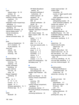 Page 178I
icons
network status 22,  33
wireless 22
image, computer 157
inserting a memory module
expansion 110
primary 114
integrated numeric keypad keys,
identifying 11
integrated numeric keypad,
identifying 45
interference, minimizing 34
internal display switch 17
internal microphones,
identifying 17
Internet connection setup 25
J
jacks
audio-out (headphone) 15
RJ-11 (modem) 15
RJ-45 (network) 15
Java Card
defined 106
inserting 106
removing 106
K
keyboard hotkeys 40
keyboard screws
removing 112
replacing 115...