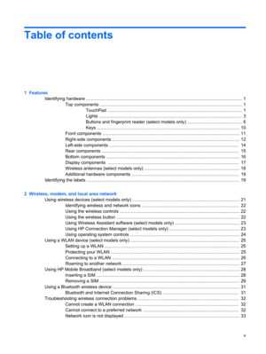 Page 5Table of contents
1  Features
Identifying hardware ............................................................................................................................. 1
Top components .................................................................................................................. 1
TouchPad ............................................................................................................ 1
Lights...