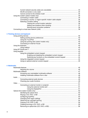Page 6Current network security codes are unavailable ................................................................ 33
WLAN connection is very weak ......................................................................................... 34
Cannot connect to the wireless router ............................................................................... 34
Using the modem (select models only) .............................................................................................. 35
Connecting a...