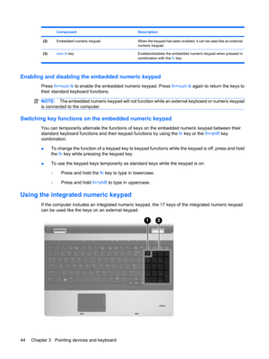 Page 54ComponentDescription
(2)Embedded numeric keypadWhen the keypad has been enabled, it can be used like an external
numeric keypad.
(3)num lk key Enables/disables the embedded numeric keypad when pressed in
combination with the fn key.
Enabling and disabling the embedded numeric keypad
Press fn+num lk to enable the embedded numeric keypad. Press fn+num lk again to return the keys to
their standard keyboard functions.
NOTE:The embedded numeric keypad will not function while an external keyboard or numeric...