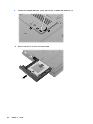 Page 1009.Using a flat-bladed screwdriver, gently push the tab to release the hard drive (2).
10.Remove the hard drive from the upgrade bay.
90 Chapter 6   Drives 