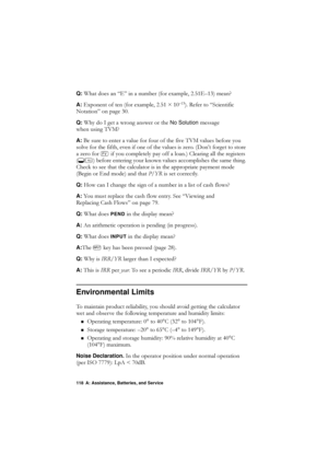 Page 118118 A: Assistance, Batteries, and Service
Q: :KDWGRHVDQ´(µLQDQXPEHUIRUH[DPSOH(²\fPHDQ
A: ([SRQHQWRIWHQIRUH[DPSOHï²\f5HIHUWR´6FLHQWLILF
1RWDWLRQµRQSDJH 
Q: :K\GR,JHWDZURQJDQVZHURUWKHNo Solution  PHVVDJH
ZKHQXVLQJ790
A: %HVXUHWRHQWHUDYDOXHIRUIRXURIWKHILYH790YDOXHVEHIRUH\RX
VROYHIRUWKHILIWKHYHQLIRQHRIWKHYDOXHVLV]HURRQ·WIRUJHWWRVWRUH
D]HURIRU
/LI\RXFRPSOHWHO\SD\RIIDORDQ\f&OHDULQJDOOWKHUHJLVWHUV
...