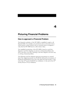 Page 454: Picturing Financial Problems 45
4
Picturing Financial Problems
How to approach a Financial Problem
7KHILQDQFLDOYRFDEXODU\RIWKH+3%,,LVVLPSOLILHGWRDSSO\WRDOO
ILQDQFLDOILHOGV)RUH[DPSOH\RXUSURIHVVLRQPD\XVHWKHWHUPEDODQFH
EDOORRQSD\PHQW UHVLGXDO PDWXULW\YDOXH RUUHPDLQLQJDPRXQW WRGHVLJQDWHD
YDOXHWKDWWKH+3%,,NQRZVDV
/IXWXUHYDOXH\f
7KHVLPSOLILHGWHUPLQRORJ\RIWKH+3%,,LVEDVHGRQFDVKIORZ...