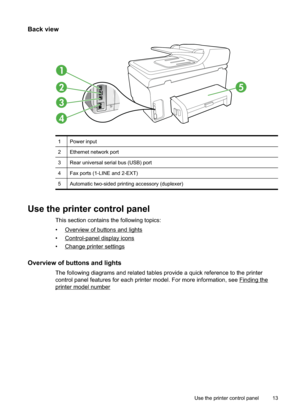 Page 17
Back view
5
1
2
3
4
1Power input
2Ethernet network port
3Rear universal serial bus (USB) port
4Fax ports (1-LINE and 2-EXT)
5Automatic two-sided printing accessory (duplexer)
Use the printer control panel
This section contains the following topics:
•
Overviewofbuttonsandlights
•
Control-paneldisplayicons
•
Changeprintersettings
Overview of buttons and lights
The following diagrams and related tables provide a quick reference to the printer
control panel features for each printer model. For more...