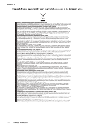 Page 182
Disposal of waste equipment by users in private households in the European Union
Disposal of Waste Equipment by Users in Private Households in the European Union
This symbol on the product or on its packaging indicates that this product must not be disposed of with your other household waste. Instead, it is your responsibility to dispose of your waste 
equipment by handing it over to a designated collection point for the recycling of waste electrical and electronic equipment. T he separate collection...