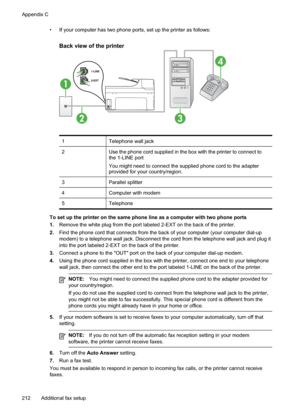 Page 216
• If your computer has two phone ports, set up the printer as follows:
Back view of the printer
1
23
4
1Telephone wall jack
2Use the phone cord supplied in the box with the printer to connect to
the 1-LINE port
You might need to connect the supplied phone cord to the adapter
provided for your country/region.
3Parallel splitter
4Computer with modem
5Telephone
To set up the printer on the same phone line as a computer with two phone ports
1.Remove the white plug from the port labeled 2-EXT on the back of...