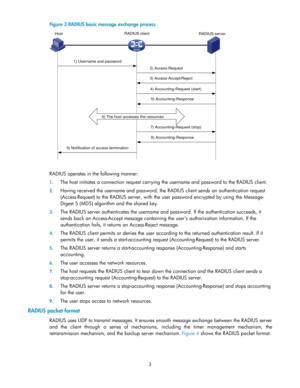 Page 133 
Figure 3 RADIUS basic message exchange process 
 
 
RADIUS operates in the following manner: 
1. The host initiates a connection request carrying the username and password to the RADIUS client. 
2. Having received the username and password, the RADIUS client sends an authentication request 
(Access-Request) to the RADIUS server, with the user password encrypted by using the Message-
Digest 5 (MD5) algorithm and the shared key.  
3. The RADIUS server authenticates the username and password. If the...