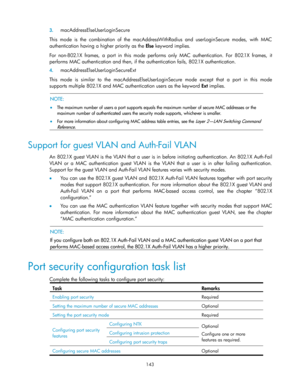 Page 153 
143 
3. macAddressElseUserLoginSecure 
This mode  is  the  combination  of  the  macAddressWithRadius  and  userLoginSecure  modes,  with  MAC 
authentication having a higher priority as the Else keyword implies.  
For  non-802.1X  frames,  a  port  in  this  mode  performs  only  MAC  authentication.  For  802.1X  frames,  it 
performs MAC authentication and then, if the authentication fails, 802.1X authentication.  
4. macAddressElseUserLoginSecureExt 
This  mode  is  similar  to  the...