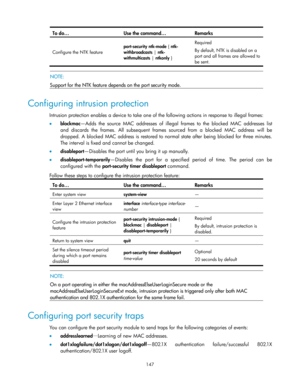 Page 157 
147 
To do… Use the command… Remarks 
Configure the NTK feature 
port-security ntk-mode { ntk-
withbroadcasts | ntk-
withmulticasts | ntkonly } 
Required 
By default, NTK is disabled on a 
port and all frames are allowed to 
be sent. 
 
 NOTE: 
Support for the NTK feature depends on the port security mode.  
Configuring intrusion protection 
Intrusion protection enables a device to take one of the following actions in response to illegal frames: 
 blockmac—Adds  the  source  MAC  addresses  of...