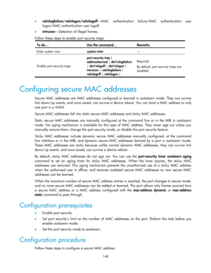 Page 158 
148 
 ralmlogfailure/ralmlogon/ralmlogoff—MAC authentication  failure/MAC  authentication  user 
logon/MAC authentication user logoff. 
 intrusion—Detection of illegal frames. 
Follow these steps to enable port security traps: 
To do… Use the command… Remarks 
Enter system view system-view — 
Enable port security traps 
port-security trap { 
addresslearned | dot1xlogfailure 
| dot1xlogoff | dot1xlogon | 
intrusion | ralmlogfailure | 
ralmlogoff | ralmlogon } 
Required 
By default, port security traps...