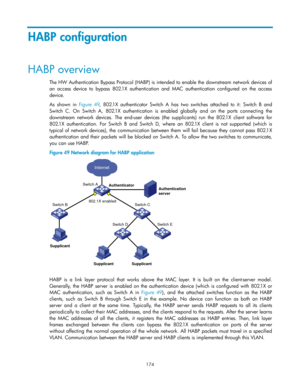 Page 184 
174 
HABP configuration 
HABP overview 
The HW Authentication Bypass Protocol (HABP) is intended to enable the downstream network devices of 
an  access  device to  bypass  802.1X  authentication  and  MAC  authentication  configured  on  the  access 
device. 
As  shown  in Figure  49,  802.1X  authenticator  Switch  A has  two  switches  attached  to  it: Switch  B  and 
Switch  C. On  Switch  A, 802.1X  authentication  is  enabled  globally  and  on  the  ports  connecting the 
downstream  network...