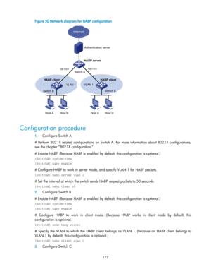 Page 187 
177 
Figure 50 Network diagram for HABP configuration 
 
 
Configuration procedure 
1. Configure Switch A 
# Perform  802.1X  related  configurations on  Switch  A.  For  more  information  about  802.1X  configurations, 
see the chapter ―802.1X configuration.‖  
# Enable HABP. (Because HABP is enabled by default, this configuration is optional.) 
 system-view 
[SwitchA] habp enable 
# Configure HABP to work in server mode, and specify VLAN 1 for HABP packets. 
[SwitchA] habp server vlan 1 
# Set the...