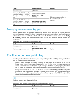 Page 191 
181 
To do… Use the command… Remarks 
Enter system view system-view — 
Display the local RSA host public 
key on the screen in a specified 
format, or export it to a specified 
file 
public-key local export rsa { 
openssh | ssh1 | ssh2 } [ 
filename ] Select a command according to 
the type of the key to be 
exported. Display the local DSA host public 
key on the screen in a specified 
format or export it to a specified 
file 
public-key local export dsa { 
openssh | ssh2 } [ filename ] 
 
Destroying...