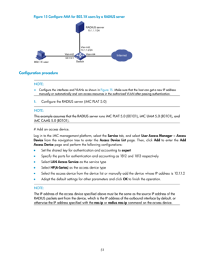 Page 6151 
Figure 15 Configure AAA for 802.1X users by a RADIUS server 
 
 
Configuration procedure 
 
 NOTE: 
 Configure the interfaces and VLANs as shown in Figure 15. Make sure that the host can get a new IP address 
manually or automatically and can access resources in the authorized VLAN after passing authentication.  
1. Configure the RADIUS server (iMC PLAT 5.0)  
 NOTE: 
This example assumes that the RADIUS server runs iMC PLAT 5.0 (E0101), iMC UAM 5.0 (E0101), and 
iMC CAMS 5.0 (E0101).  
# Add an...