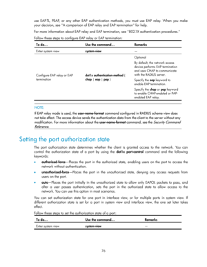 Page 86 
76 
use EAP-TL,  PEAP,  or  any  other  EAP  authentication  methods,  you  must  use  EAP  relay.  When  you  make 
your decision, see A comparison of EAP relay and EAP termination for help.  
For more information about EAP relay and EAP termination, see 802.1X authentication procedures. 
Follow these steps to configure EAP relay or EAP termination: 
To do… Use the command… Remarks 
Enter system view system-view — 
Configure EAP relay or EAP 
termination 
dot1x authentication-method { 
chap | eap |...