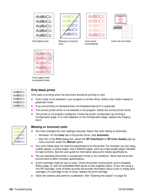 Page 194192Troubleshooting C9706-90926
Only black prints
Only black is printing when the document should be printing in color.
Color mode is not selected in your program or printer driver. Select color mode instead of 
grayscale mode.
If you are printing on transparencies, all transparencies print in grayscale.
The correct printer driver is not selected in the program. Select the correct printer driver.
The printer is not properly configured. Check the printer configuration by printing a 
Configuration page....