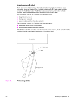 Page 85EN 4 Theory of operation83
Imaging-drum E-label
The E-label is nonvolatile memory, which is built into the imaging drum and stores usage 
information. When the imaging drum is installed in the printer, the E-label makes constant 
contact with the E-label reader. The E-label reader sends memory information to the dc 
controller, which updates the information and sends it back to the E-label.
The dc controller instructs the E-label to read information when:
the printer is turned on
the top cover is...