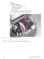 Page 113EN 5 Removal and replacement111
To p  c o v e r
1Remove the following covers:
right- and left-side covers (see page 93)
 interface cover (see page 98)
 back cover (see page 110)
2 Open the top door.
3 Press the small tab on the gear (callout 1) to release the gear.
4 Remove the gear to release the top-door rack (callout 2).
Figure 58. Removing the top cover (1 of 2)
Note Return the gear to its shaft after releasing the top door rack.
21
22 