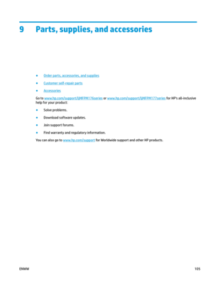 Page 1159 Parts, supplies, and accessories
●
Order parts, accessories, and supplies
●
Customer self-repair parts
●
Accessories
Go to  www.hp.com/ support/ljMFPM176series  or  www.hp.com/ support/ljMFPM177series  for HP's all-inclusive 
help for y
our product: ●
Solve problems.
●
Download software updates.
●
Join support forums.
●
Find warranty and regulatory information.
You can also go to  www.hp.com/ support  for Worldwide support and other HP products.
ENWW
105 