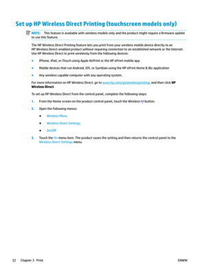 Page 42Set up HP Wireless Direct Printing (touchscreen models only)
NOTE: This feature is available with wireless models only and the product might require a 