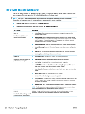 Page 62HP Device Toolbox (Windows)
Use the HP Device Toolbox for Windows to check product status or to view or change product settings from 
your c
omputer. This tool opens the HP Embedded Web Server for the product. NOTE: This tool is available only if you performed a full installation when you installed the product. 
Depending on how the product is c
 onnected, some features might not be available.1
.
Click the Start button, and then click the Programs item. 2
.
Click your HP product group, and then click the...