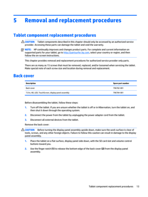 Page 195Removal and replacement procedures
Tablet component replacement procedures
CAUTION:Tablet components described in this chapter should only be accessed by an authorized service 
provider. Accessing these parts can damage the tablet and void the warranty.NOTE:HP continually improves and changes product parts. For complete and current information on 
supported parts for your tablet, go to 
http://partsurfer.hp.com, select your country or region, and then 
follow the on-screen instructions.
This chapter...