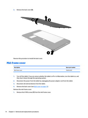 Page 203.Remove the back cover (3).
Reverse this procedure to install the back cover.
Mid-frame cover
DescriptionSpare part numberMid-frame cover796783-001
1.Turn off the tablet. If you are unsure whether the tablet is off or in Hibernation, turn the tablet on, and 
then shut it down through the operating system.
2.Disconnect the power from the tablet by unplugging the power adapter cord from the tablet.
3.Disconnect all external devices from the tablet.
4.Remove the back cover (see Back cover on page 13)....