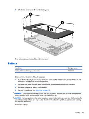 Page 212.Lift the mid-frame cover (2) from the battery area.
Reverse this procedure to install the mid-frame cover.
Battery
DescriptionSpare part numberBattery, 3000 mAh, USB-charging (includes cable)795065-001
Before removing the battery, follow these steps:
1.Turn off the tablet. If you are unsure whether the tablet is off or in Hibernation, turn the tablet on, and 
then shut it down through the operating system.
2.Disconnect the power from the tablet by unplugging the power adapter cord from the tablet....