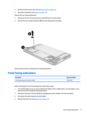 Page 235.Remove the mid-frame cover (see Mid-frame cover on page 14).
6.Disconnect the battery (see Battery on page 15).
Remove the rear-facing webcamera:
1.Disconnect the rear-facing webcamera cable (1) from the system board.
2.Remove the rear-facing webcamera (2) from the display panel assembly.
Reverse this procedure to install the rear-facing webcamera.
Front-facing webcamera
DescriptionSpare part numberFront-facing webcamera (includes cable)796786-001
Before removing the front-facing webcamera, follow...