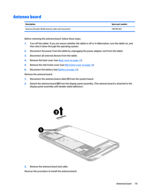 Page 25Antenna boardDescriptionSpare part numberAntenna (includes WLAN antenna cable and transceiver)796789-001
Before removing the antenna board, follow these steps:
1.Turn off the tablet. If you are unsure whether the tablet is off or in Hibernation, turn the tablet on, and 
then shut it down through the operating system.
2.Disconnect the power from the tablet by unplugging the power adapter cord from the tablet.
3.Disconnect all external devices from the tablet.
4.Remove the back cover (see Back cover on...