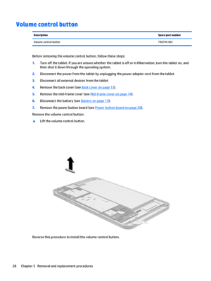 Page 34Volume control buttonDescriptionSpare part numberVolume control button796794-001
Before removing the volume control button, follow these steps:
1.Turn off the tablet. If you are unsure whether the tablet is off or in Hibernation, turn the tablet on, and 
then shut it down through the operating system.
2.Disconnect the power from the tablet by unplugging the power adapter cord from the tablet.
3.Disconnect all external devices from the tablet.
4.Remove the back cover (see Back cover on page 13).
5.Remove...