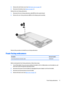 Page 235.Remove the mid-frame cover (see Mid-frame cover on page 14).
6.Disconnect the battery (see Battery on page 15).
Remove the rear-facing webcamera:
1.Disconnect the rear-facing webcamera cable (1) from the system board.
2.Remove the rear-facing webcamera (2) from the display panel assembly.
Reverse this procedure to install the rear-facing webcamera.
Front-facing webcamera
DescriptionSpare part numberFront-facing webcamera (includes cable)796786-001
Before removing the front-facing webcamera, follow...