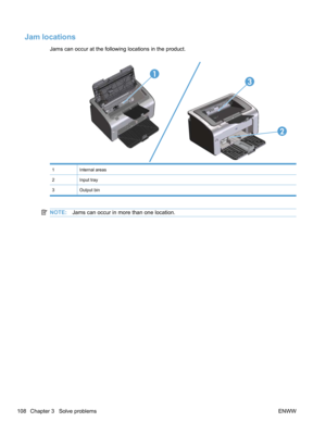 Page 126Jam locations
Jams can occur at the following locations in the product.
2
3
1
1Internal areas
2Input tray
3Output bin
NOTE:Jams can occur in more than one location.
108 Chapter 3   Solve problems ENWW 