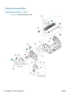 Page 162Internal assemblies
Internal assemblies (1 of 3)
Figure 4-4  Internal assemblies (1 of 3)
(J531) (PS701,702)
(J522)
(J101)
(J702)
Base model
Wireless model(J55)
2
1
5
4
3 A08
A02
A14
A14 A06
A04
A01
A10A03
A15 A13 A12
A07
A05
A11
A02
A14
A09
144 Chapter 4   Parts and diagrams ENWW 