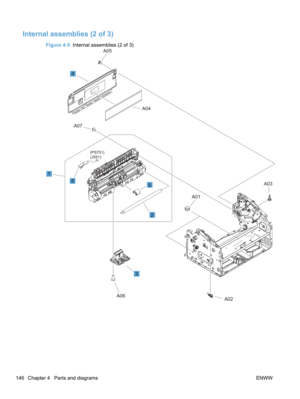 Page 164Internal assemblies (2 of 3)
Figure 4-5  Internal assemblies (2 of 3)
(PS751)
(J551)
3
6
2
5
1
A06
A07
A05
4
A01
A02
A04
A03
146 Chapter 4   Parts and diagrams ENWW 