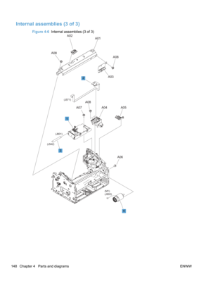 Page 166Internal assemblies (3 of 3)
Figure 4-6  Internal assemblies (3 of 3)
(M1)
(J902)
(J801)
(J542) (J571)
2
1
4
A05
A04
A07 A08
A03
A08
3 A01
A02
A06
A08
148 Chapter 4   Parts and diagrams ENWW 