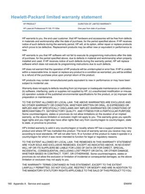 Page 178Hewlett-Packard limited warranty statement
HP PRODUCTDURATION OF LIMITED WARRANTY
HP LaserJet Professional P1100, P1100wOne year from date of purchase
HP warrants to you, the end-user customer, that HP hardware and accessories will be free from defects
in materials and workmanship after the date of purchase, for the period specified above. If HP receives
notice of such defects during the warranty period, HP will, at its option, either repair or replace products
which prove to be defective. Replacement...