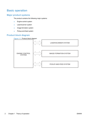 Page 20Basic operation
Major product systems
The product contains the following major systems:
●Engine-control system
● Laser/scanner system
● Image-formation system
● Pickup-and-feed system
Product block diagram
Figure 1-1
  Product block diagram
PICKUP-AND-FEED SYSTEMLASER/SCANNER SYSTEM
ENGINE CONTROL SYSTEM IMAGE-FORMATION SYSTEM
2 Chapter 1   Theory of operation
ENWW 